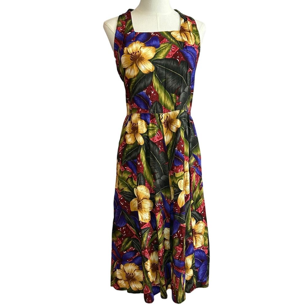 Positive Attitude VTG 90s Tropical Hibiscus Rayon Midi Dress with Pockets 14